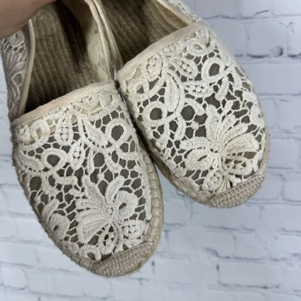 Tory Burch Crochet Lace Espadrilles Women 10.5 Ivory Boho Coastal Cottage Flats